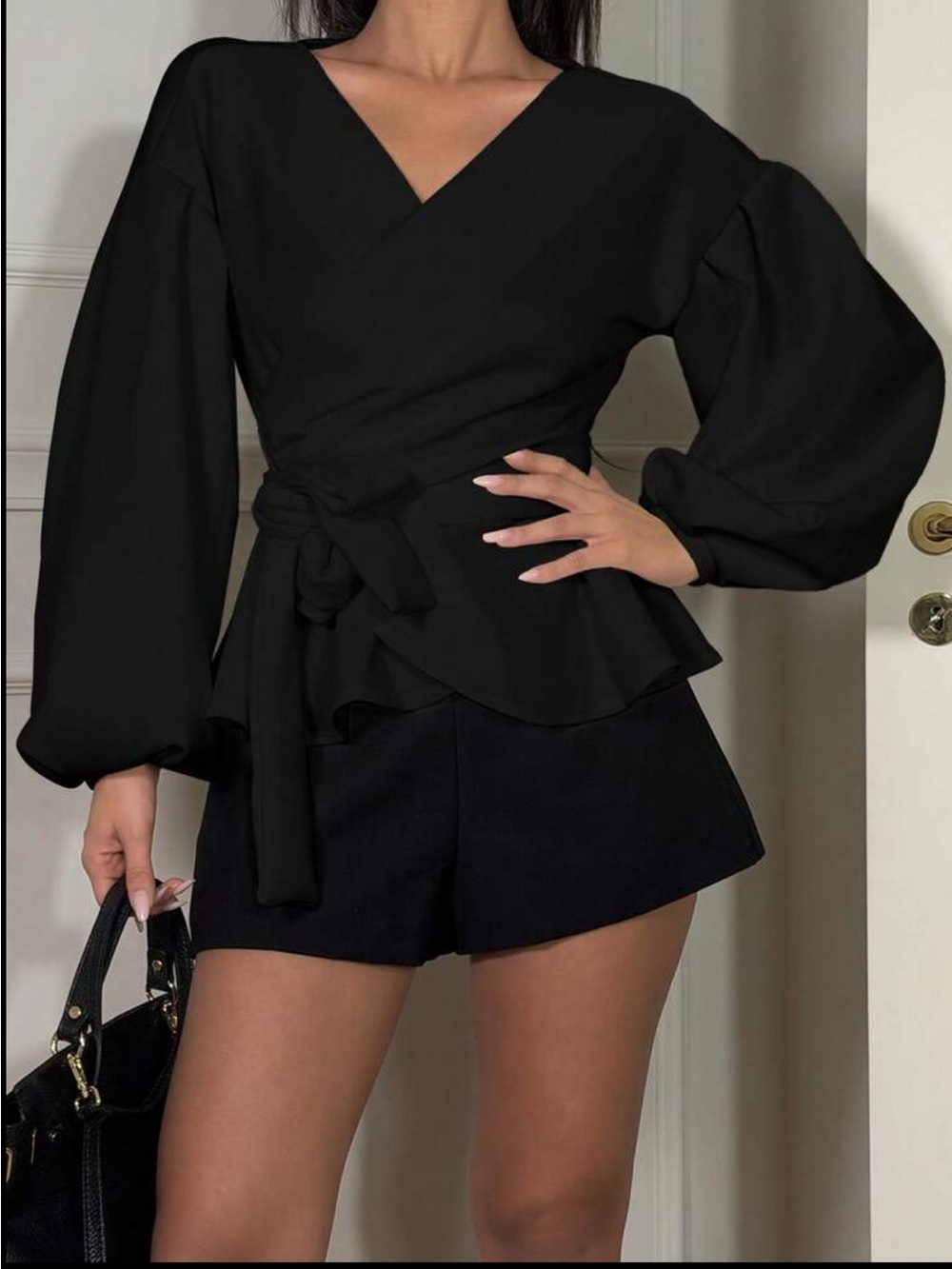 Classic Elegant Black Wrap Peplum Tie Waist Blouse Top Shirt